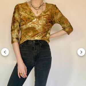 Vintage Y2K Women Top Burnout Velvet Roses V-Neck Brown Green Sz Medium Grunge